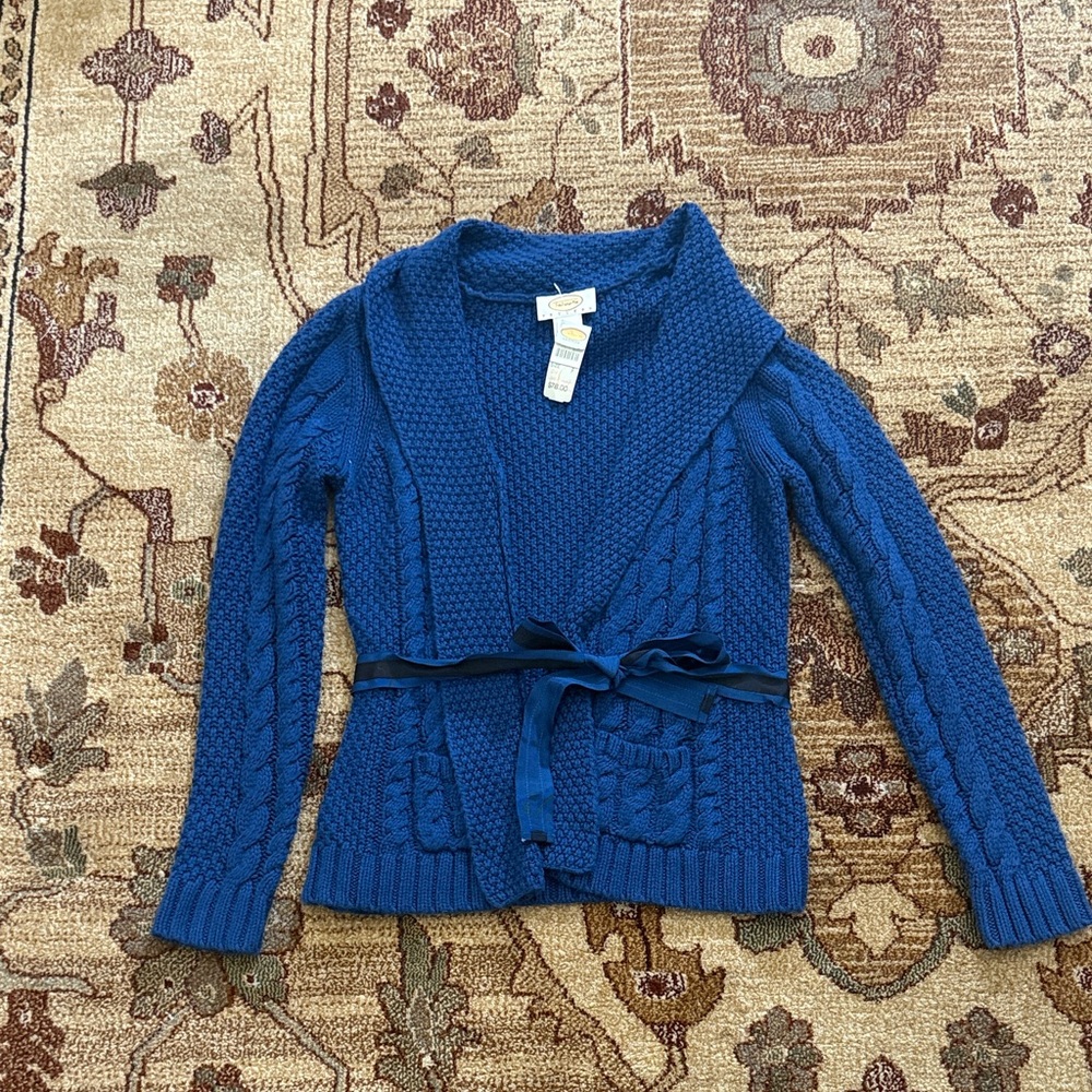 Talbots blue cable knit tie front cardigan with belt p